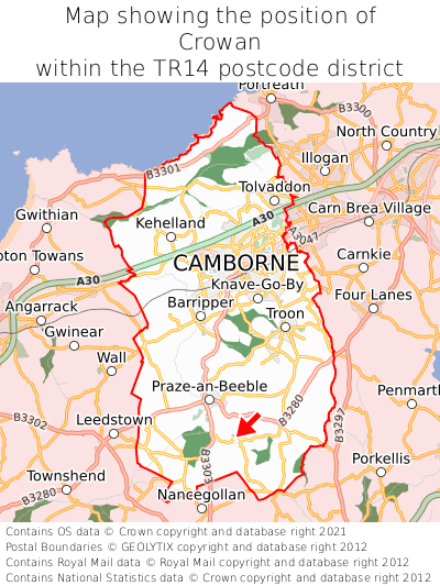 Map showing location of Crowan within TR14
