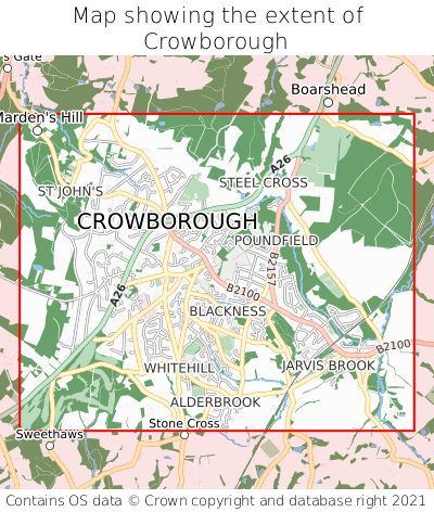 Map showing extent of Crowborough as bounding box