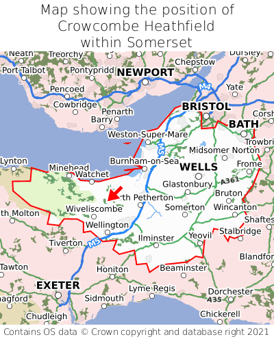 Map showing location of Crowcombe Heathfield within Somerset
