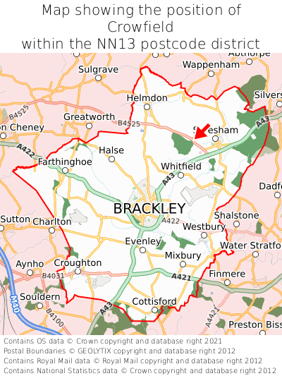 Map showing location of Crowfield within NN13