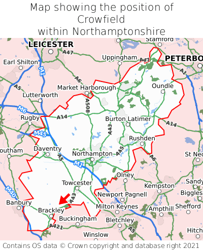Map showing location of Crowfield within Northamptonshire