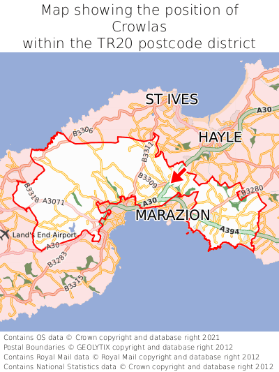 Map showing location of Crowlas within TR20