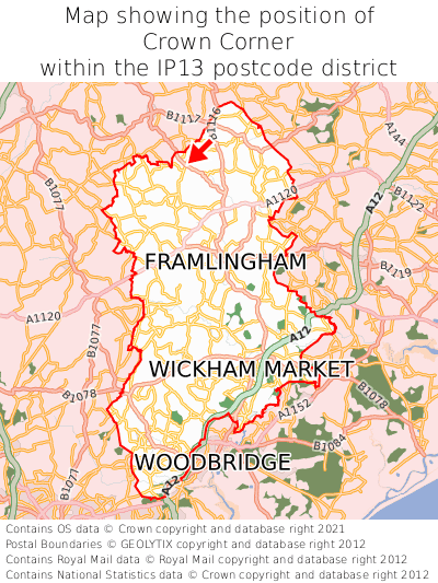 Map showing location of Crown Corner within IP13