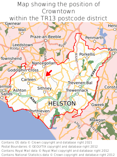 Map showing location of Crowntown within TR13