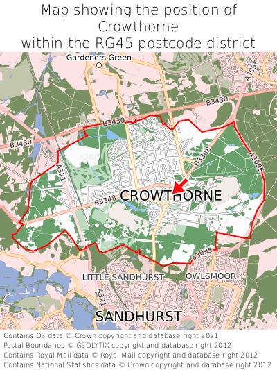 Map showing location of Crowthorne within RG45