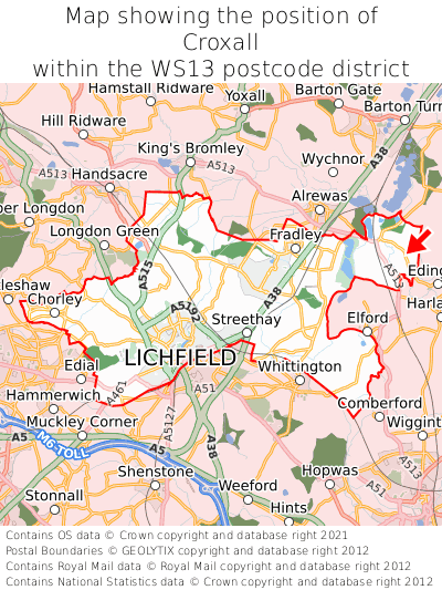 Map showing location of Croxall within WS13