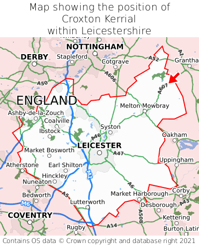 Map showing location of Croxton Kerrial within Leicestershire