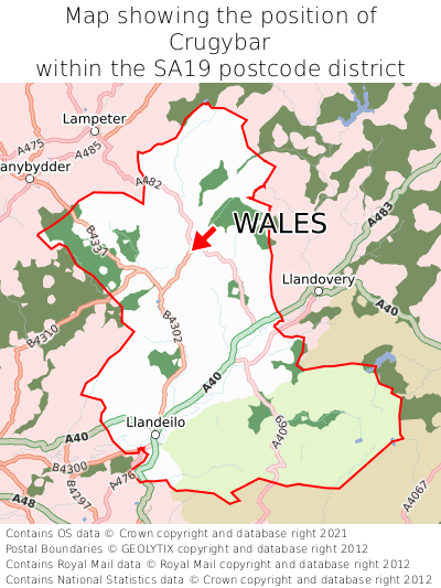 Map showing location of Crugybar within SA19