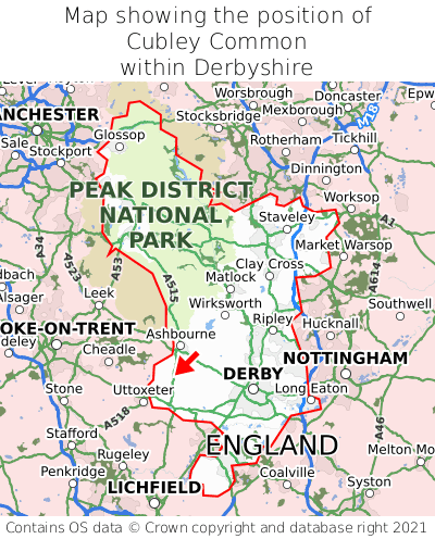Map showing location of Cubley Common within Derbyshire