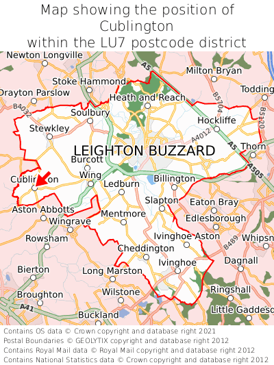 Map showing location of Cublington within LU7