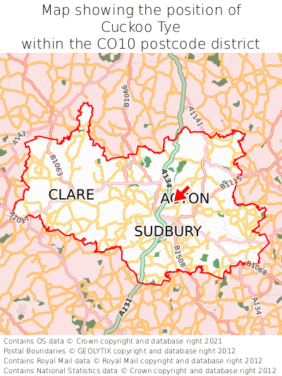 Map showing location of Cuckoo Tye within CO10