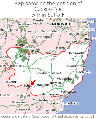 Map showing location of Cuckoo Tye within Suffolk