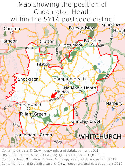 Map showing location of Cuddington Heath within SY14