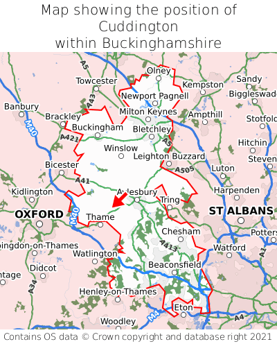 Map showing location of Cuddington within Buckinghamshire
