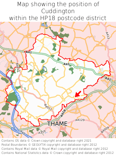 Map showing location of Cuddington within HP18