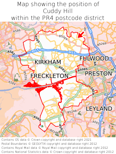 Map showing location of Cuddy Hill within PR4
