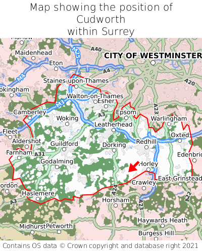 Map showing location of Cudworth within Surrey