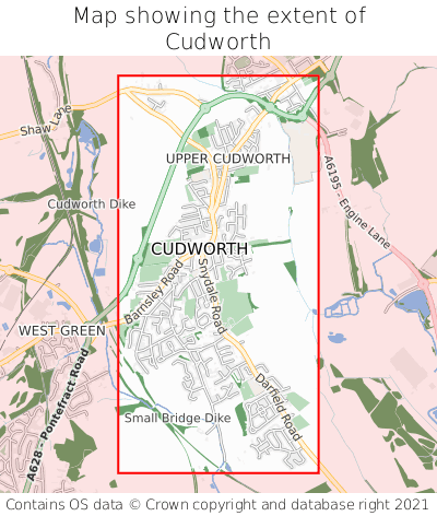 Map showing extent of Cudworth as bounding box