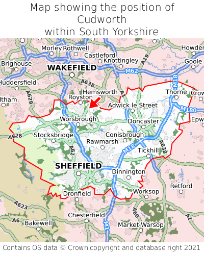 Map showing location of Cudworth within South Yorkshire