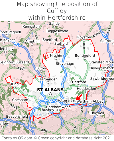 Map showing location of Cuffley within Hertfordshire