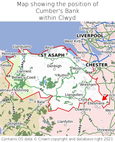 Map showing location of Cumber's Bank within Clwyd