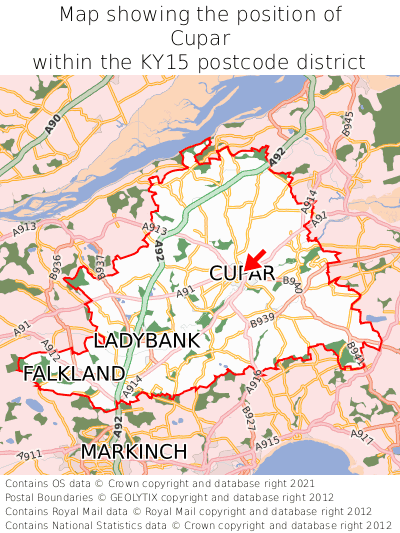 Map showing location of Cupar within KY15