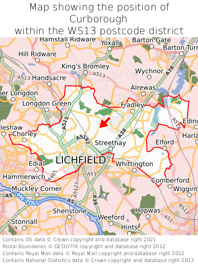 Map showing location of Curborough within WS13