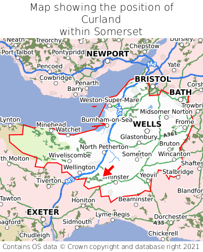 Map showing location of Curland within Somerset