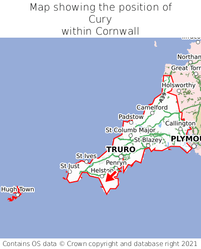 Map showing location of Cury within Cornwall