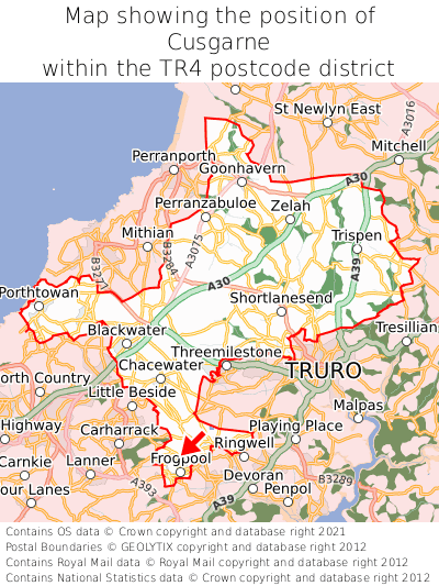Map showing location of Cusgarne within TR4