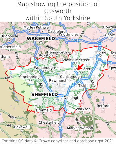 Map showing location of Cusworth within South Yorkshire