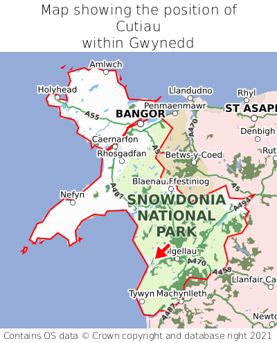 Map showing location of Cutiau within Gwynedd