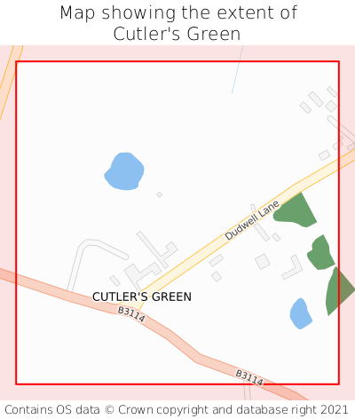 Map showing extent of Cutler's Green as bounding box