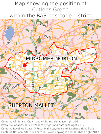 Map showing location of Cutler's Green within BA3