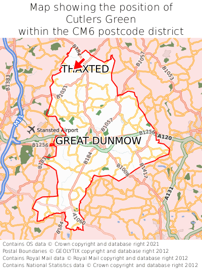 Map showing location of Cutlers Green within CM6