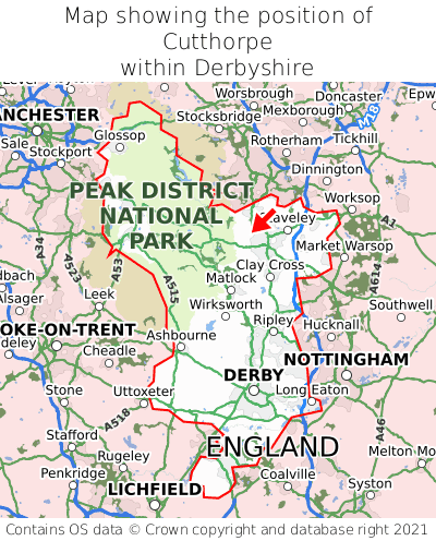 Map showing location of Cutthorpe within Derbyshire