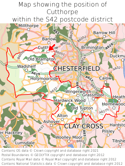 Map showing location of Cutthorpe within S42