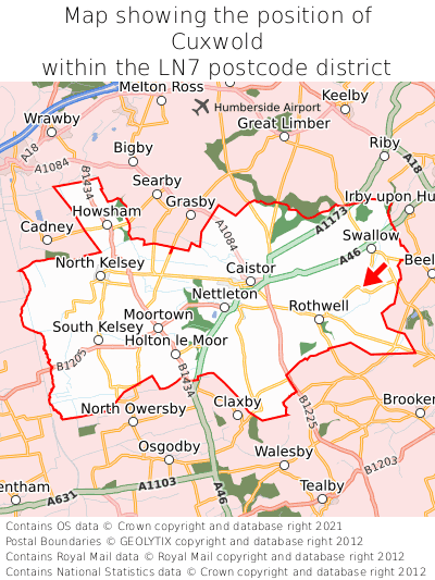 Map showing location of Cuxwold within LN7