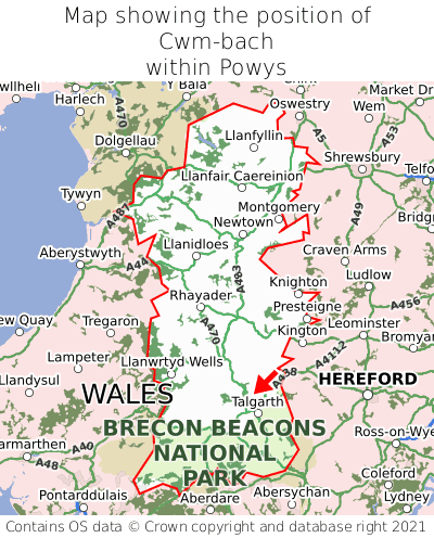 Map showing location of Cwm-bach within Powys