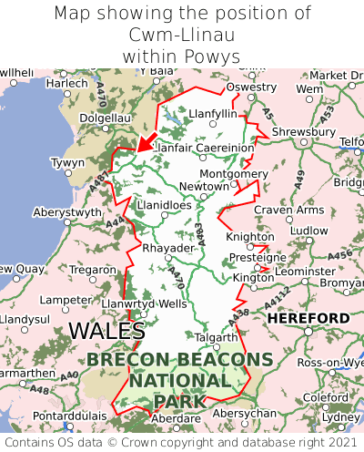 Map showing location of Cwm-Llinau within Powys
