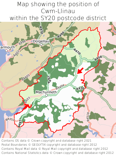 Map showing location of Cwm-Llinau within SY20