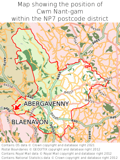 Map showing location of Cwm Nant-gam within NP7