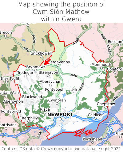Map showing location of Cwm Siôn Mathew within Gwent