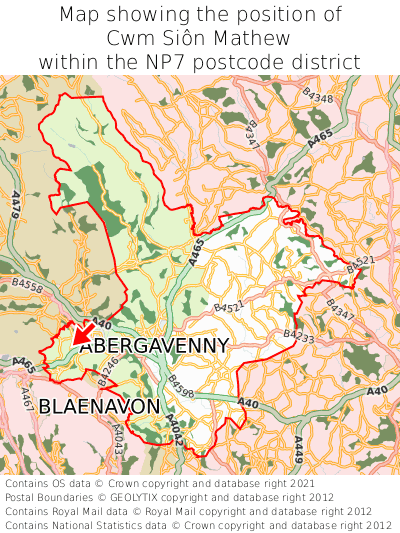Map showing location of Cwm Siôn Mathew within NP7