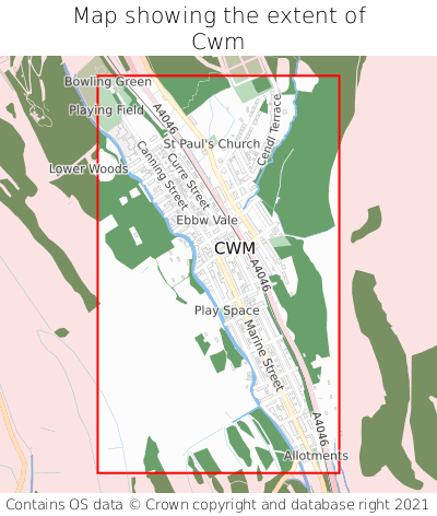 Map showing extent of Cwm as bounding box