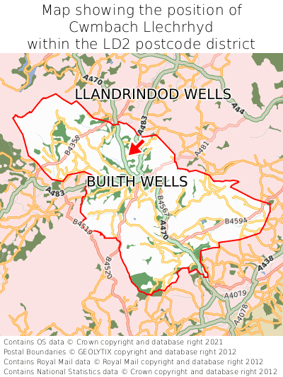 Map showing location of Cwmbach Llechrhyd within LD2