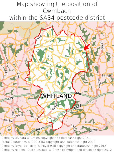 Map showing location of Cwmbach within SA34