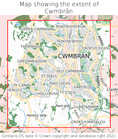Map showing extent of Cwmbrân as bounding box
