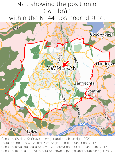 Map showing location of Cwmbrân within NP44
