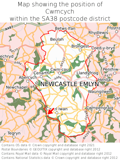 Map showing location of Cwmcych within SA38